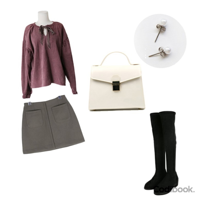 daily monday Wool pocket mini skirt,HAEPP 프리지아 - 리본 블라우스,Monobabie [RB2955] 로에시4cm등을 매치한 코디
