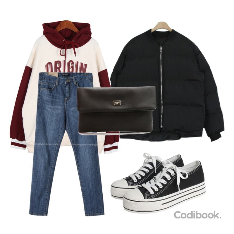 Dailyco 오리진배색후드-hd,OBBANG STYLE 반하이데님일자9부바지,about moon 루나 숏패딩 (3 color)등을 매치한 코디
