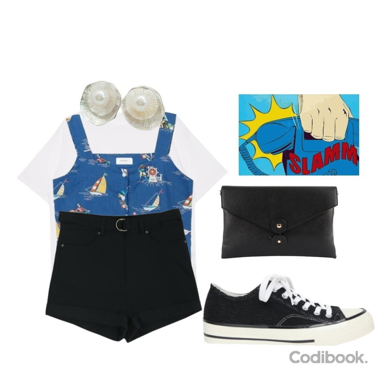 VICTORIA GARCONNE 보트 뷔스티에,biznshoe Pigment round tee (4color),about moon 하이웨스트 면 반바지 (2 color)등을 매치한 코디