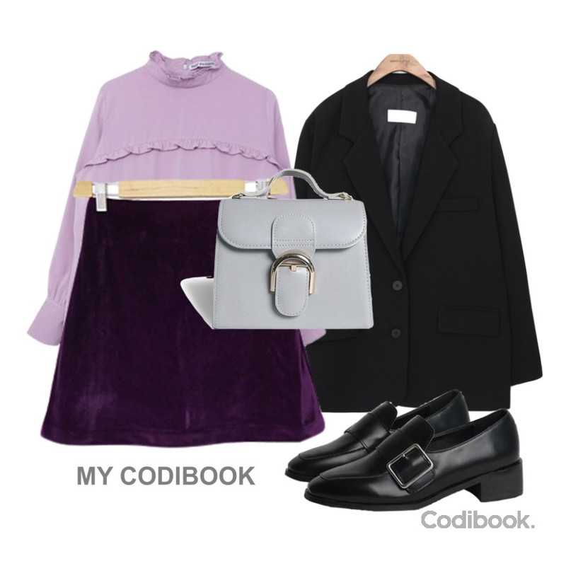 common unique [OUTER] DANDY OVER FIT JACKET,HAEPP 벨리 - 벨벳스커트,MIXXMIX 로이 프릴 블라우스등을 매치한 코디