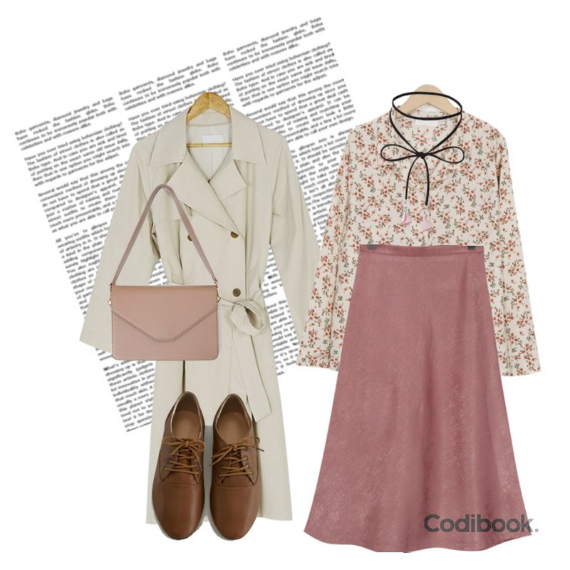14,BANHARU between trench coat,From Beginning Smooth floret blouse_B (size : free)등을 매치한 코디
