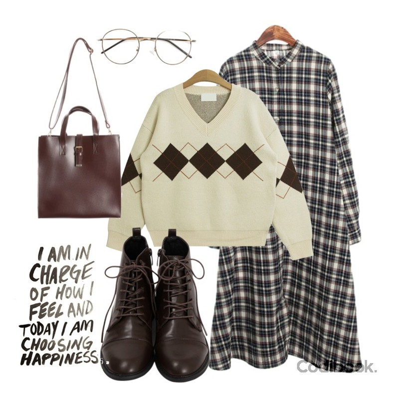 From Beginning Simple lace-up walker_K (size : 230,235,240,245,250),ROCOSIX rose check shirts OPS,TODAY ME [knit]그램 니트(브이넥 배색 아가일 체크 니트T)등을 매치한 코디
