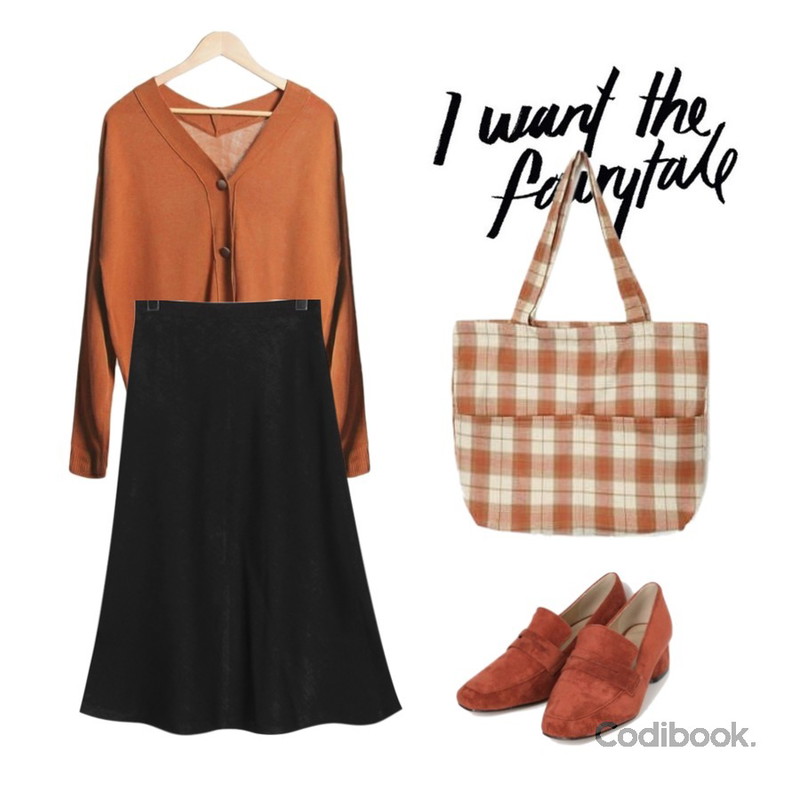 @thewriting,MASHYELLOW [이벤트 특가] 솔리드 브이넥 니트 가디건,From Beginning Amber satin flare skirt_B (size : S,M)등을 매치한 코디