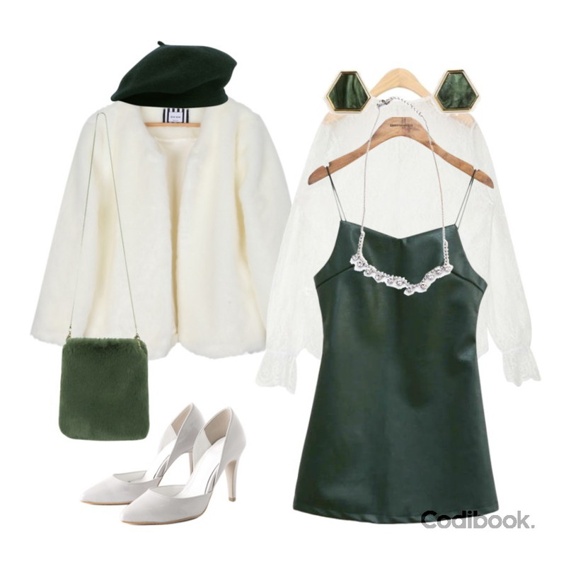Reine 클리터 펌프스 힐,BULLANG GIRL 포근포근퍼자켓,AIN flower lace layered blouse등을 매치한 코디