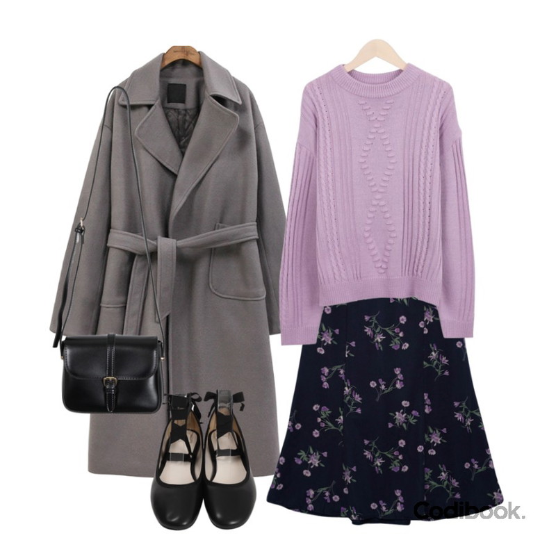 common unique [OUTER] BOXY WOOL ROLL UP STRAP COAT,myblin 엠보싱 라운드 니트 (5color),GIRLS RULE 쉬폰 플라워 롱 스커트 (sk985)등을 매치한 코디