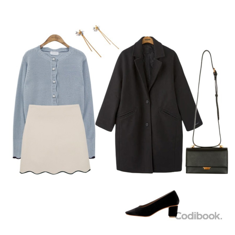 Reine 러브유 레글런 포켓 누빔 코트,common unique [OUTER] PEARL BUTTON WAVE CARDIGAN,myblin 물결 스커트등을 매치한 코디