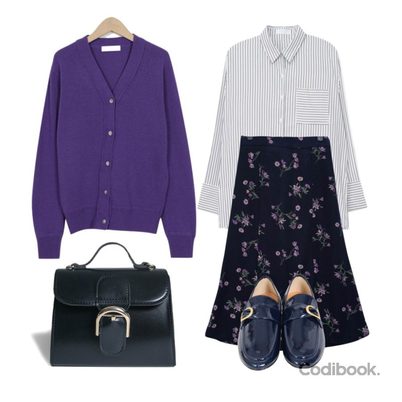 GIRLS RULE 쉬폰 플라워 롱 스커트 (sk985),From Beginning Spring color wool cardigan_K (size : free),MIXXMIX Ash Striped Shirt등을 매치한 코디