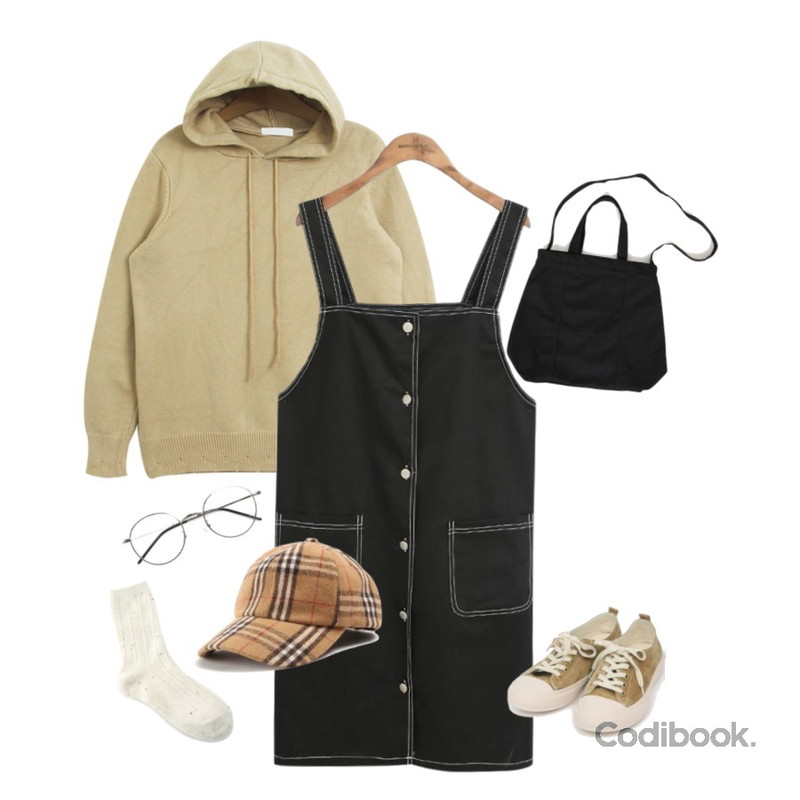 common unique [OPS] STITCH COTTON OVERALL OPS,ROCOSIX coles round frame glasses,TODAY ME [knit]컴빈 후드 니트(데일리 무지 캐주얼 후드NT)등을 매치한 코디