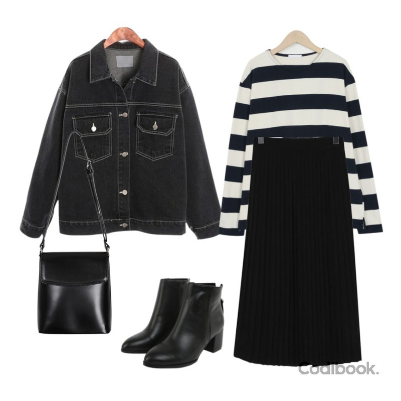 From Beginning Leaf suede pleats skirt_H (size : free),From Beginning Block patch stripe T_M (size : free),ROCOSIX eco blue denim JK등을 매치한 코디