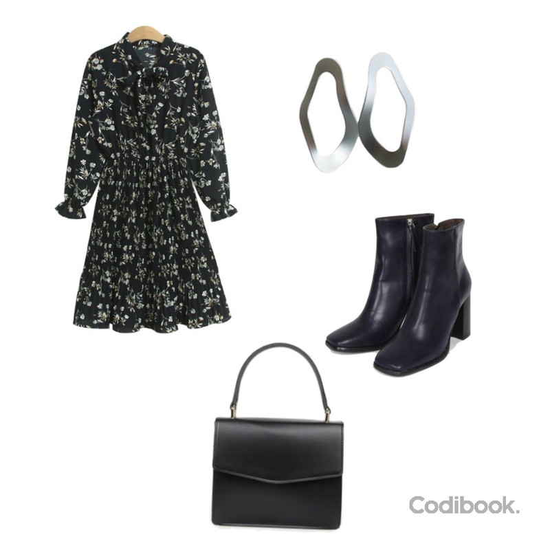 AIN square napping boots (3 colors),MASHYELLOW 온리유 스트림 이어링,TODAY ME [dress]엘빈 플라워 원피스(리본끈 주름 플리츠 러블리 프릴 꽃OPS)등을 매치한 코디