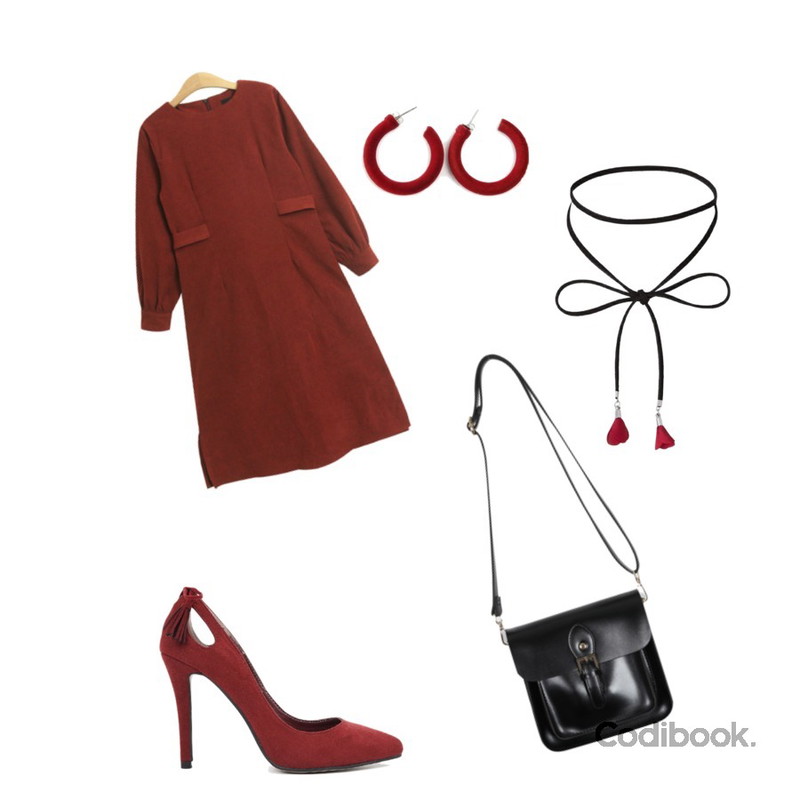 MIXXMIX 로즈 리본 초커,ROCOSIX ronsi earring,TODAY ME [dress]스틱 원피스(옆트임 허리 스트랩 리본끈 코듀로이 롱OPS)등을 매치한 코디