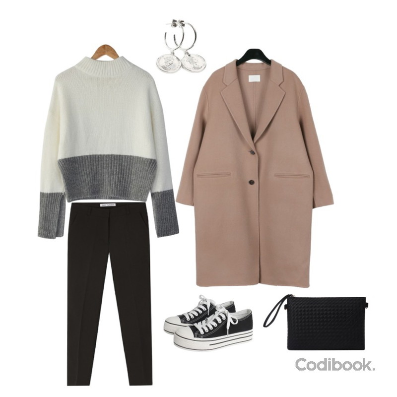 MIXXMIX 스튜디오 슬림 슬랙스,BANHARU sleeve slit angora knit,daily monday Pink handmade single coat등을 매치한 코디
