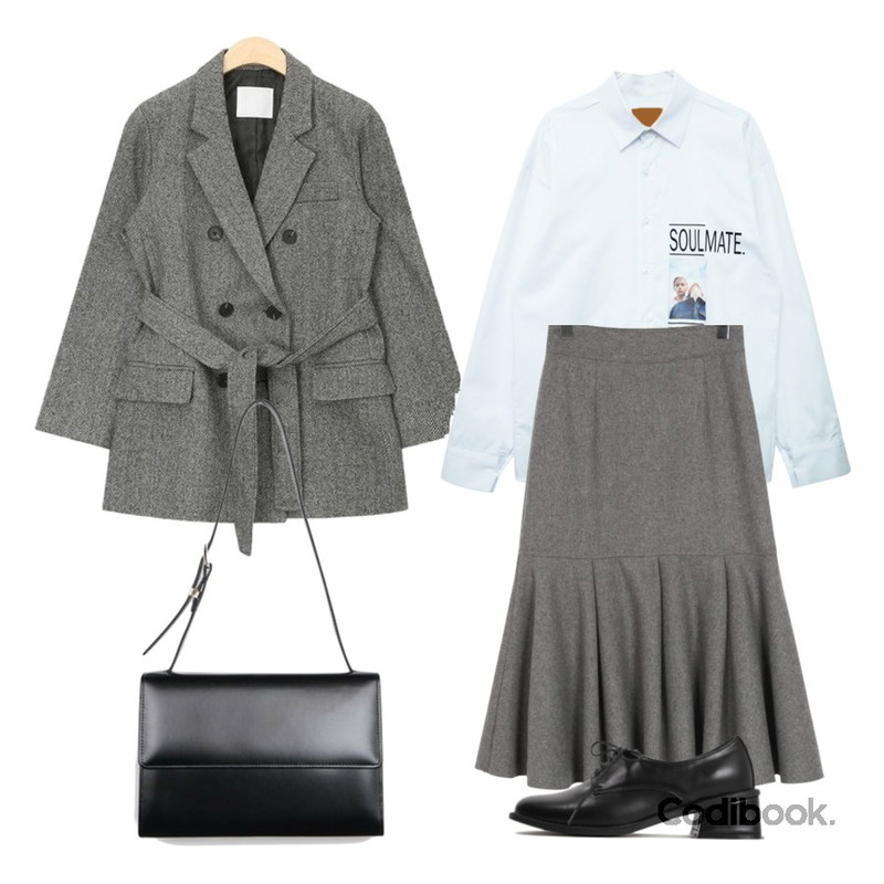 From Beginning Made_bottom-138_mermaid wool skirt_B (size : S,M),AIN mood belt double wool jacket,GIRLS RULE [남여공용] 소울메이트 전사 셔츠 (nb487)등을 매치한 코디
