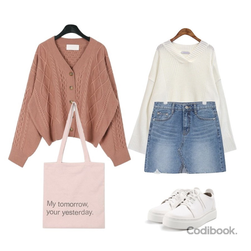 daily monday Lambswool twist cardigan,AIN by moris denim skirt (s, m, l),common unique [TOP] 6 COLOR OVER V NECK KNIT등을 매치한 코디