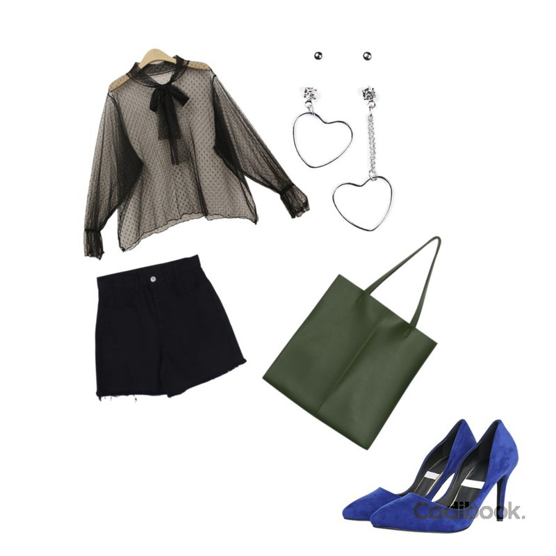 TWEE Heart earring set,MESMIN 하프 코튼 pt (6color),BLINGIT 도트망사리본블라우스등을 매치한 코디