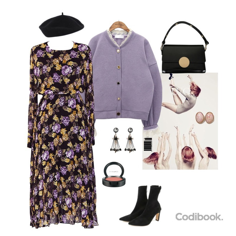 girls,common unique [OUTER] LOVELY LACE JEWELRY CARDIGAN,common unique [OPS] HYDRANGEA FLOWER LONG OPS등을 매치한 코디