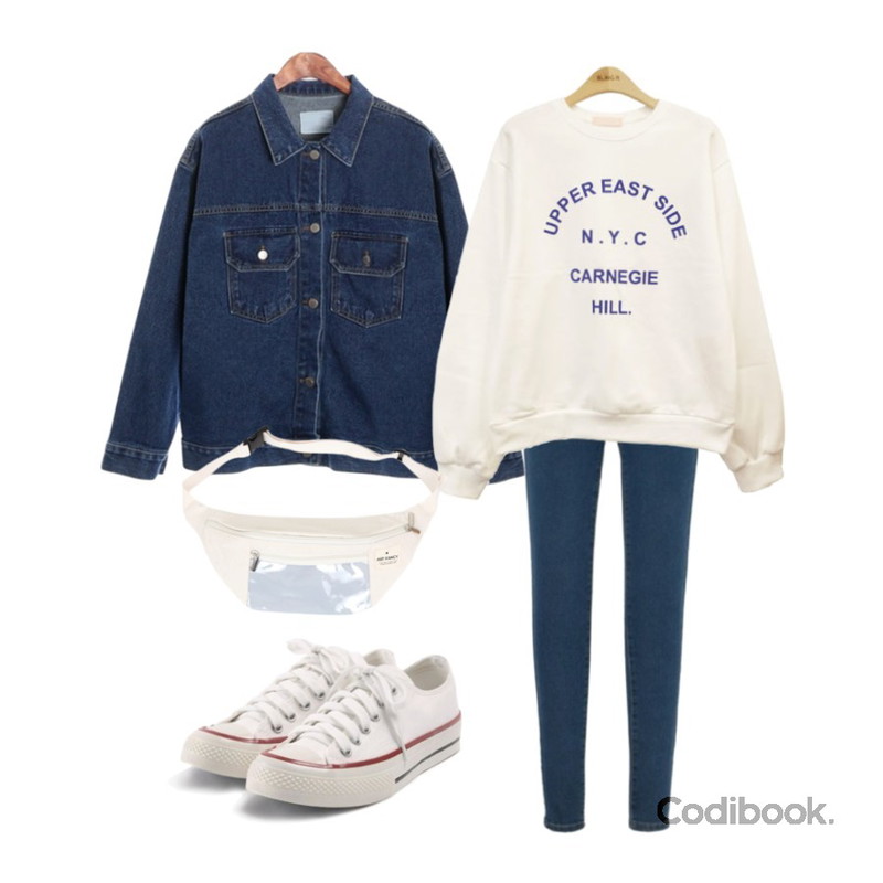 MIXXMIX 2988 데님스판 기모 스키니,ROCOSIX eco blue denim JK,BLINGIT 라운드레터링맨투맨등을 매치한 코디