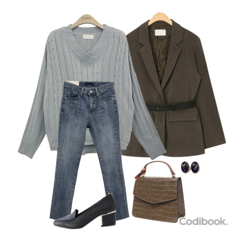 BLINGIT 미니꽈베기브이니트,BLINGIT 슬림일자엉찢청,AIN boxy belt set jacket등을 매치한 코디