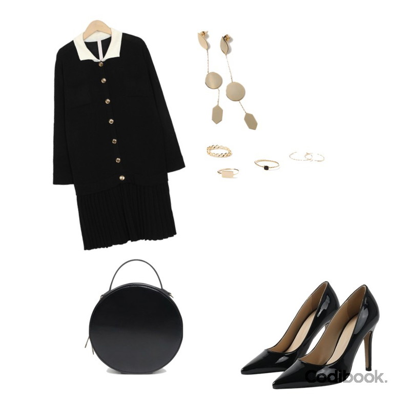 From Beginning Cube gold ring set_K(size : one),From Beginning Flat shape drop earring_B (size : one),From Beginning Lodge button knit ops_S (size : free)등을 매치한 코디
