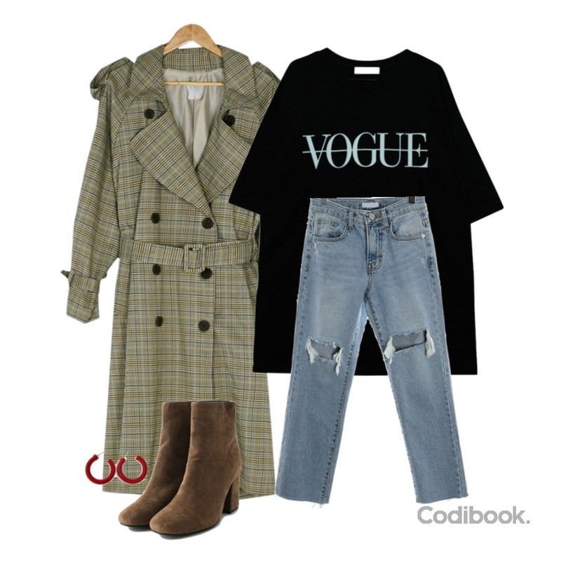 GIRLS RULE [기획특가] 레터링 오버 티셔츠 (t4257),BANHARU over fit check pattern trench coat,ROCOSIX fresh cutting denim PT등을 매치한 코디