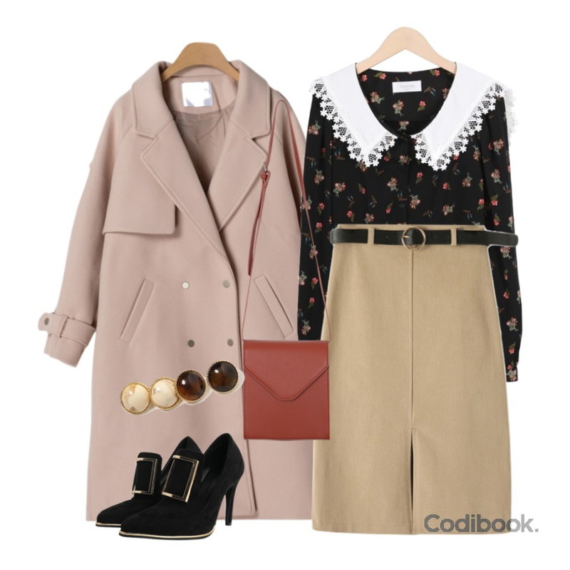 OBBANG STYLE 피아니스트울코트,Reine 애니아 데일리 미디 스커트 (벨트세트),myblin 프릴 카라 봄꽃 블라우스 (3color)등을 매치한 코디