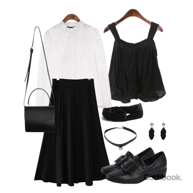 ROCOSIX wave hem top,common unique [SKIRT] KNIT PLEATS MIDI SKIRT,common unique [TOP] PUNCHING LACE BLOUSE등을 매치한 코디