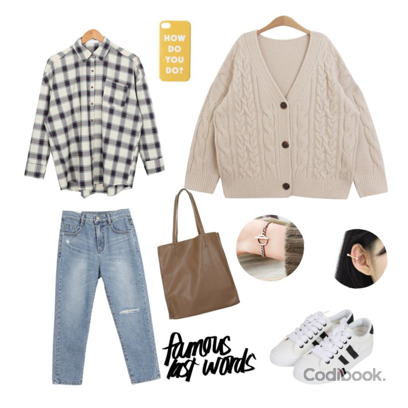 TODAY ME [cardigan]케이트 가디건(겨울 꽈배기 도톰 박시핏 Y가디건),AWAB 프렌드팬츠,AWAB 델리크림체크셔츠등을 매치한 코디