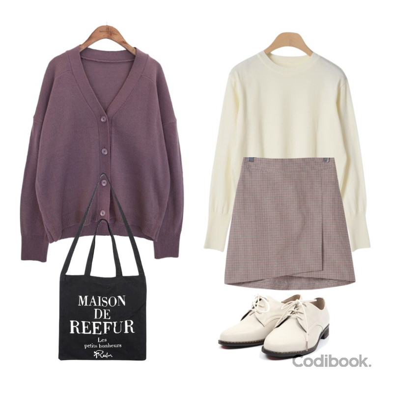 common unique [OUTER] 5 COLOR V NECK CARDIGAN,OBBANG STYLE 알파고 라운드니트,OBBANG STYLE 체스 미니 랩스커트등을 매치한 코디