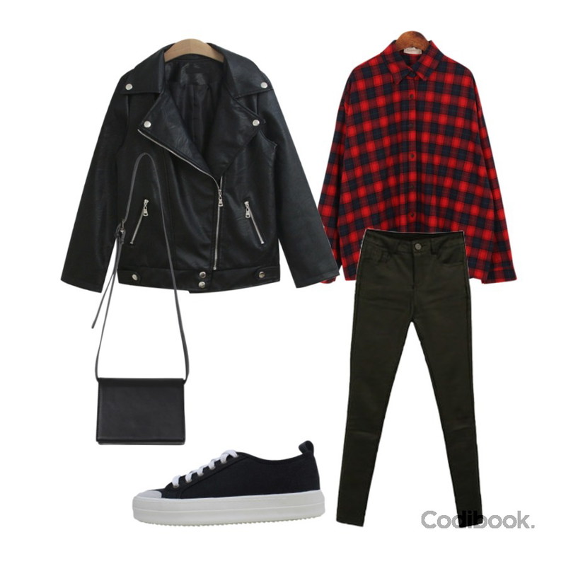Dailyco 파티타임-nb,TODAY ME [jacket]픽스 라이더자켓(데일리 박시 레더 가죽 라이더),BLINGIT 슬림스판코팅스키니등을 매치한 코디