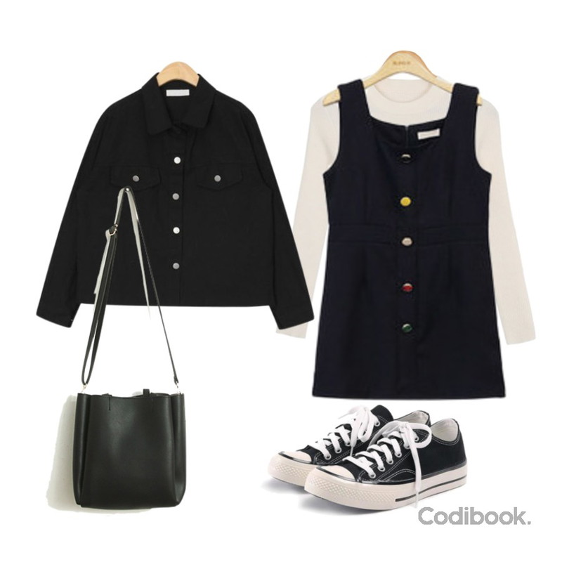ROCOSIX simple coton sneakers,BLINGIT 보석단추미니원피스,AWAB 스윗골지라운드티등을 매치한 코디