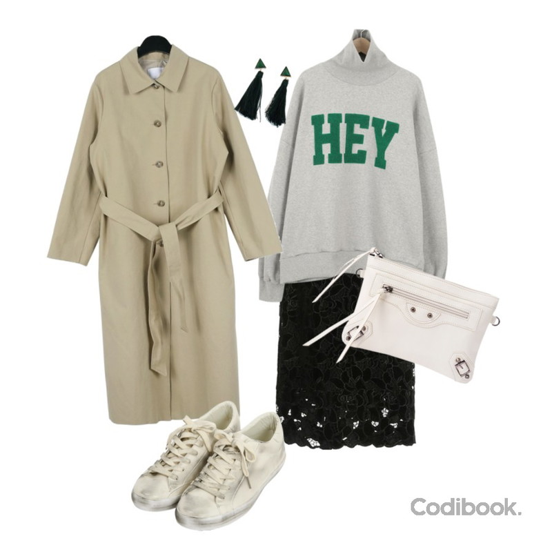 ROCOSIX charlotte lace SK,myblin 헤이 폴라 맨투맨 (3color),daily monday Mono single trench coat등을 매치한 코디