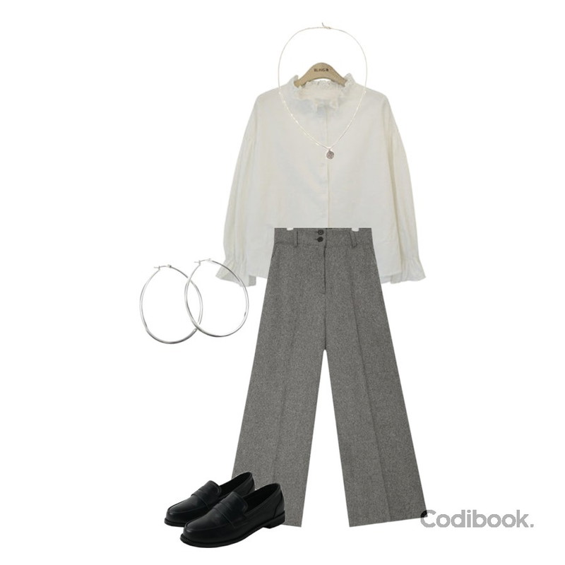 AIN two button straight slacks,Monobabie [RL2198] 테이토2.5cm,BLINGIT 코튼프릴벌룬블라우스등을 매치한 코디