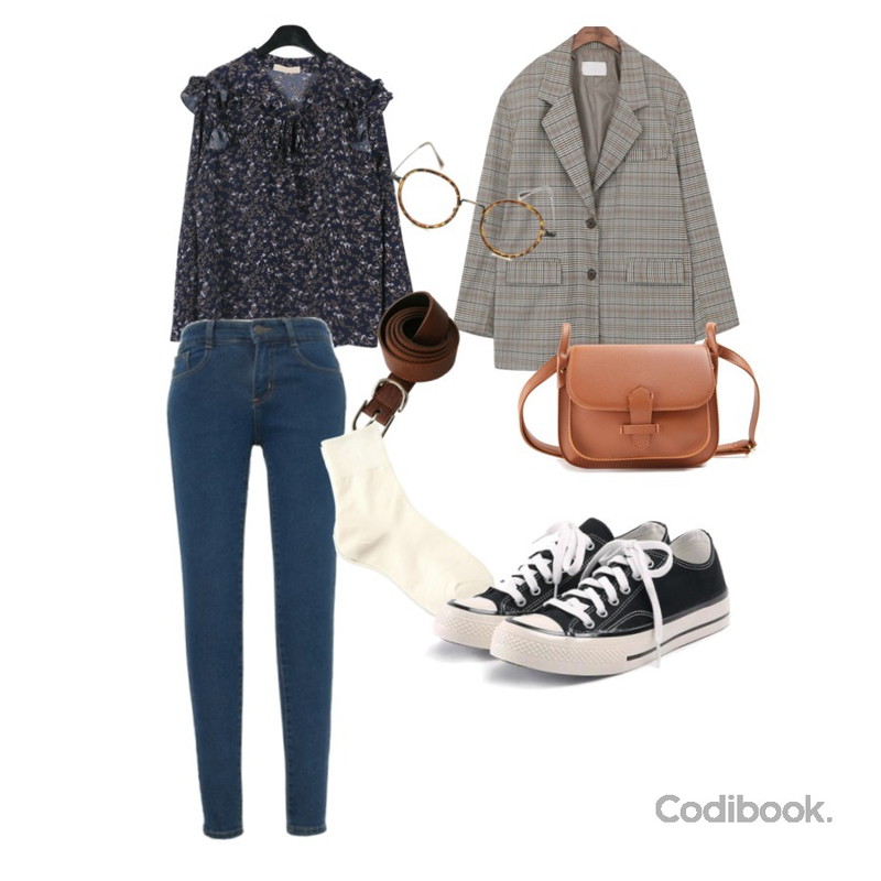 MIXXMIX 2988 데님스판 기모 스키니,daily monday Floral frill blouse,common unique [OUTER] 2 TYPE BOXY FIT JACKET등을 매치한 코디