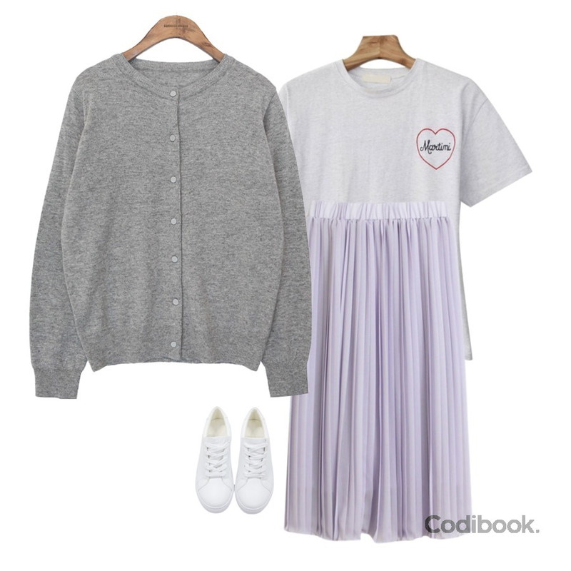 common unique [OUTER] FINE WOOL 50% KNIT CARDIGAN,Zemma World Martini-자수티셔츠[size:44~66 / 2color],TODAY ME [skirt]멜로드 스커트(밴딩 여리 플리츠 주름 롱sk)등을 매치한 코디