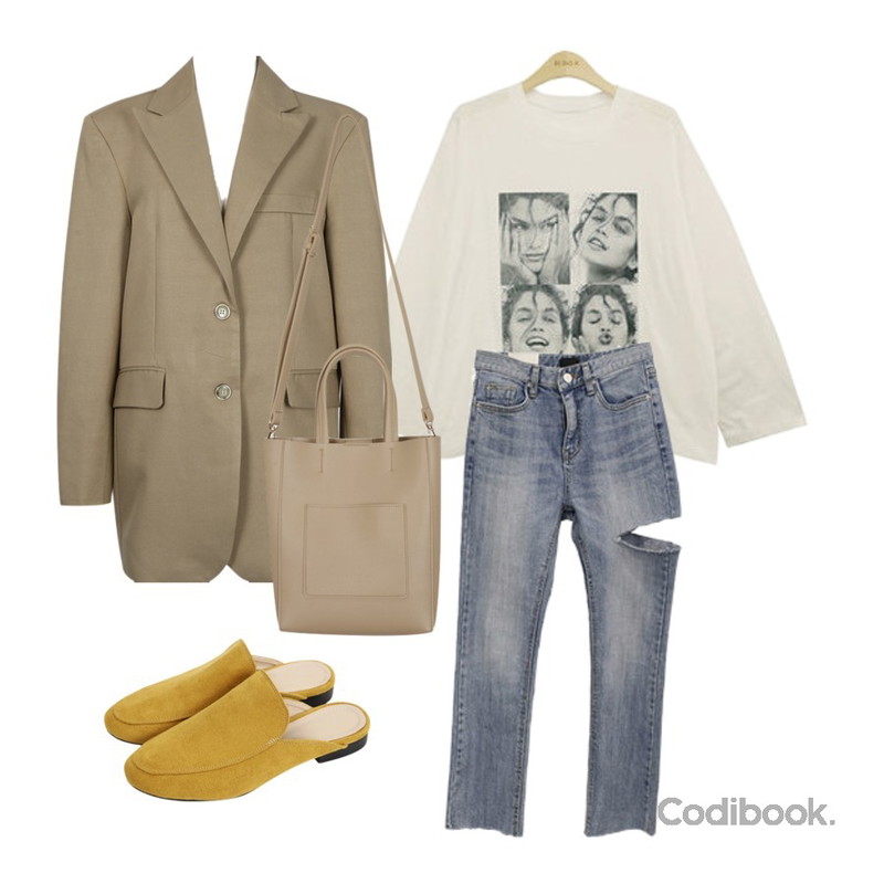 BLINGIT 사이드컷팅엉찢청,From Beginning Push over single jacket_S (size : free),BLINGIT 흑백사진긴팔티셔츠등을 매치한 코디