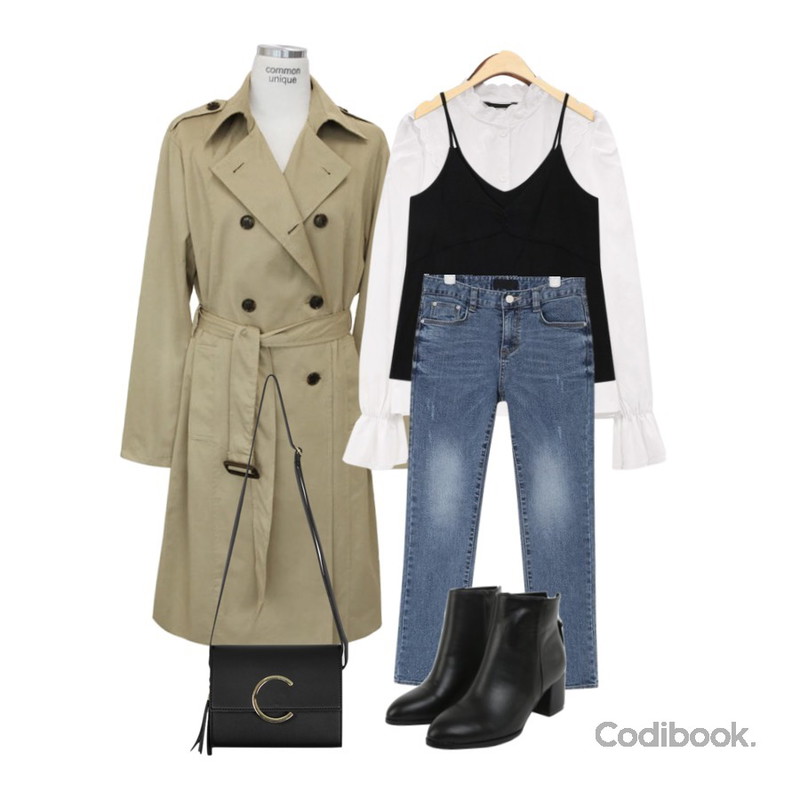 AIN twist shirring bustier,common unique [TOP] PUNCHING LACE BLOUSE,common unique [OUTER] SATIN BELT TRENCH COAT등을 매치한 코디