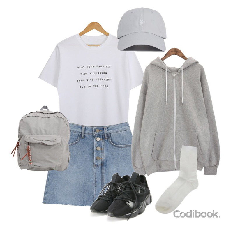 myblin 불안제로 청 스커트,common unique [OUTER] 6 COLOR LOOSE FIT HOOD ZIPUP,AWAB 플레이위드라운드티등을 매치한 코디