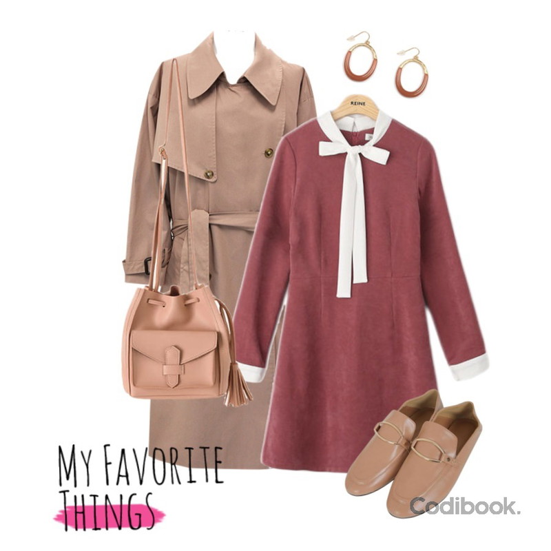 Zemma World Your-로퍼 	[size:230~250 / 2color],Reine 달리 리본 슬림 원피스,common unique [OUTER] WARM TONE OVER TRENCH COAT등을 매치한 코디