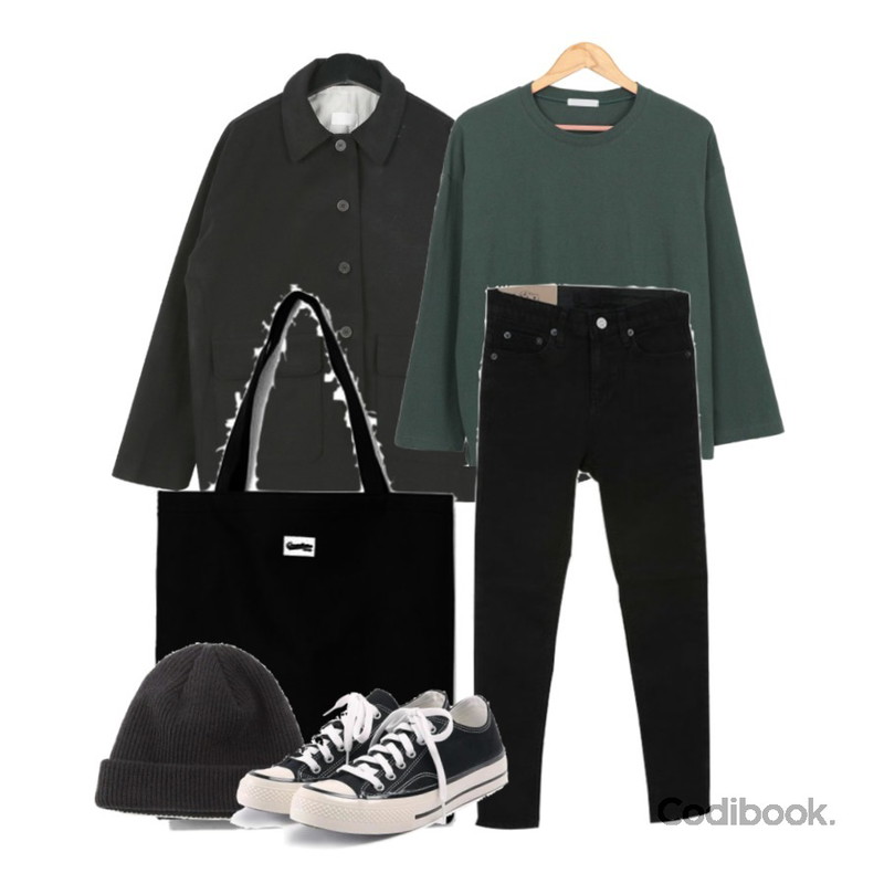 Reine 크롬비아 코튼 에코백,AWAB 초코베이직라운드티,daily monday Casual cotton single jacket등을 매치한 코디