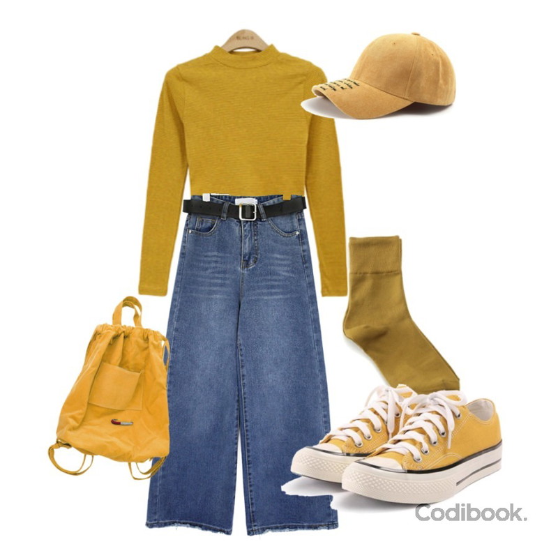 common unique [BOTTOM] VINTAGE WIDE DENIM PANTS,ROCOSIX to-be lettering cap,BLINGIT 슬림스트라이프크롭티등을 매치한 코디