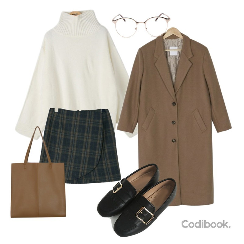 BANHARU chic boxy fit coat,daily monday Check wool mini skirt,Reine 단테 터틀넥 니트등을 매치한 코디