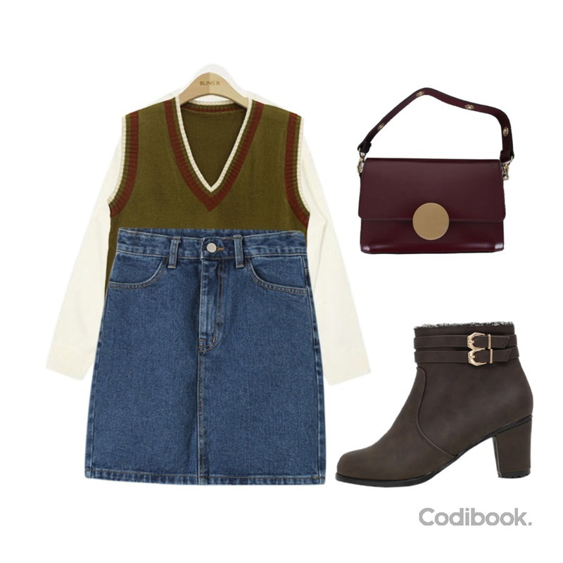 BLINGIT 배색V넥조끼,AIN FRESH A pastel knit,Reine 월리스 데님 스커트등을 매치한 코디