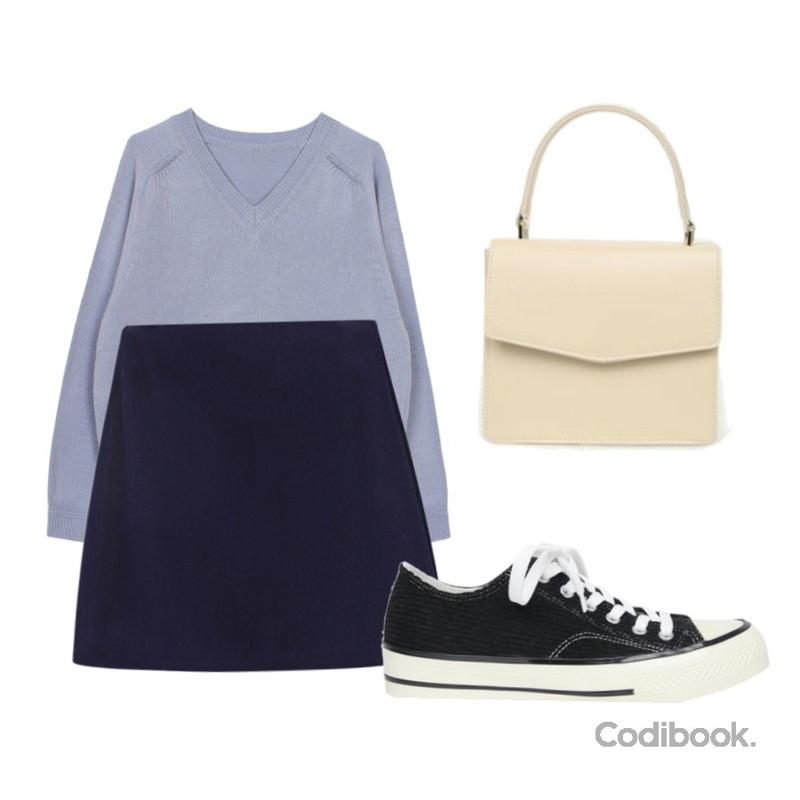 AIN corduroy line daily sneakers (230-250),biznshoe V-neck knit top (5color),Reine 페로니 벨벳 미니 스커트등을 매치한 코디
