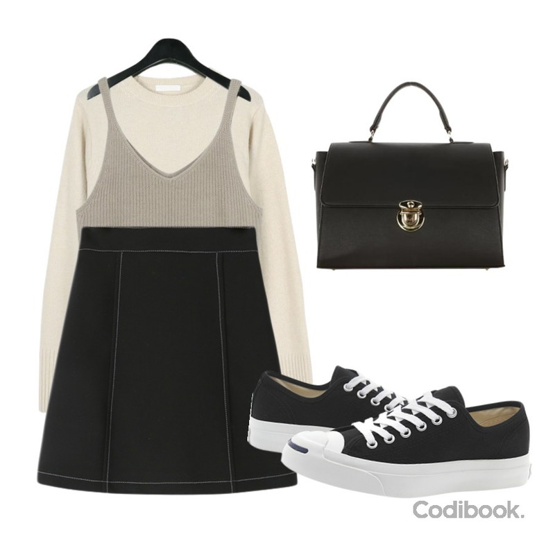daily monday Angora bustier knit,daily monday Spring color wool knit,Reine 페디 스티치 미니스커트등을 매치한 코디