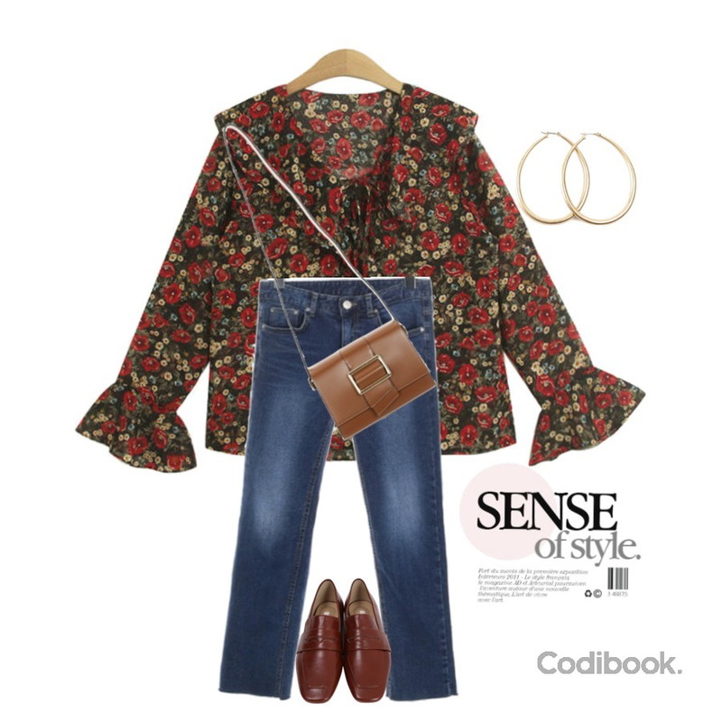 TODAY ME [blouses]로사 블라우스(리본 쉬폰 프릴 장미 꽃 플라워BL),ROCOSIX page cutting denim PT,UPTOWN HOLIC 쇼프니 bag (*4color)등을 매치한 코디