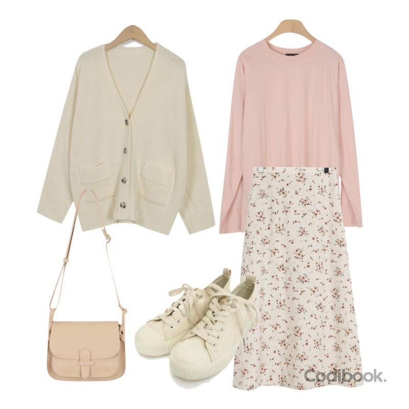 daily monday Cream flower long skirt,OBBANG STYLE 달리안 나그랑 티셔츠,From Beginning Pocket pastel knit cardigan_H (size : free)등을 매치한 코디
