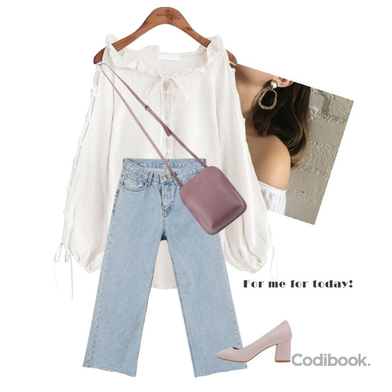 common unique [TOP] OPEN SLEEVE EYELET WRINKLE BLOUSE,MINIBBONG 레옹 와이드청바지,ㅇ등을 매치한 코디
