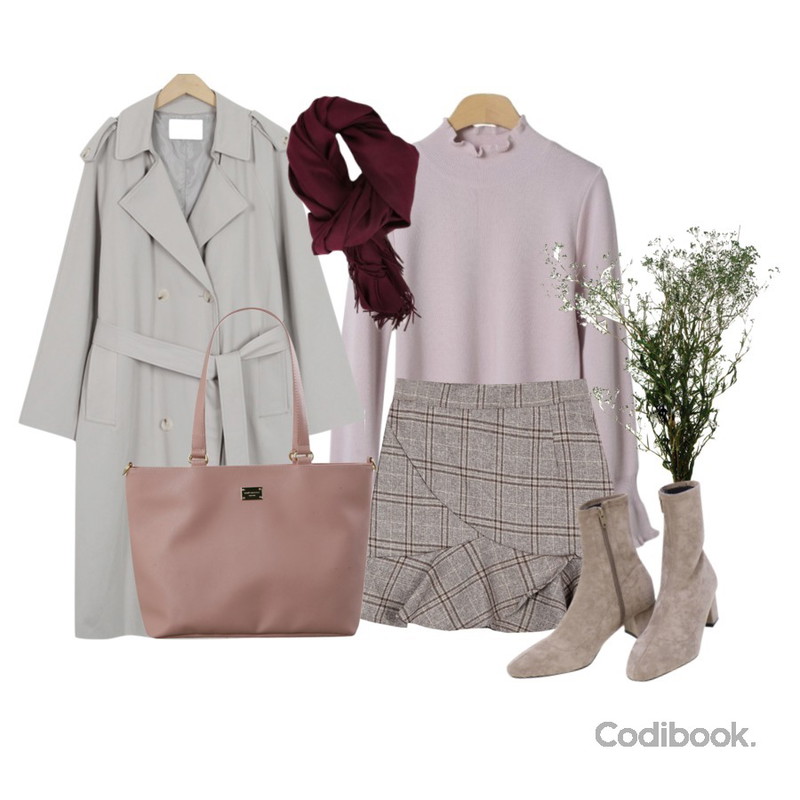 ABLY [기솔 PICK] 프릴체크 스커트,OBBANG STYLE 프릴 하프넥 니트,From Beginning Robust daily trench coat_B (size : free)등을 매치한 코디