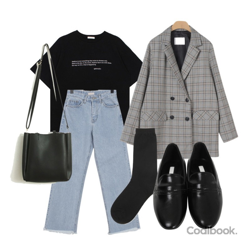 From Beginning Better wide cutting denim_S (size : S,M,L,XL),biznshoe Gabrielle tee (2color),OBBANG STYLE 멜버른 체크 자켓등을 매치한 코디