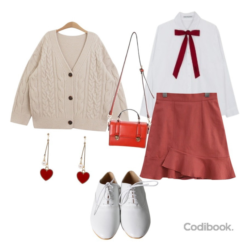 common unique [SKIRT] UNBAL WAVE MINI SKIRT,MIXXMIX 미드나잇 리본타이 셔츠,TODAY ME [cardigan]케이트 가디건(겨울 꽈배기 도톰 박시핏 Y가디건)등을 매치한 코디